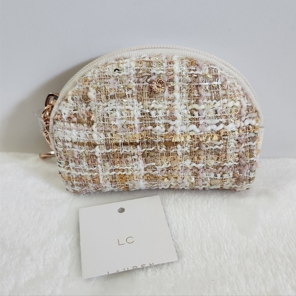 NWT LC Lauren Conrad Half Moon Sequin Rose Gold Tan White Tweed Zip Pouch - Picture 1 of 15